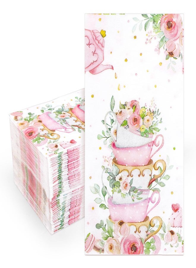 Whaline 100Pcs Tea Party Guest Napkins Floral Teacup Disposable Napkins Flower Tea Cup Dinner Hand Towel Paper Napkins for Bathroom Wedding Baby Shower Party Table Decor Supplies - Image 1